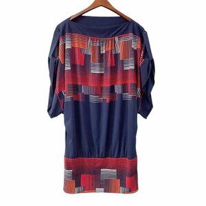 BCBGMaxAzria Geometric Print Shift Dress Womens Small Tabbed Sleeves Art to Wear